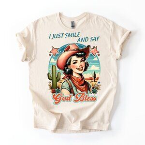 Retro Cowgirl T-Shirt Pinup God Bless Western Desert Women's Country Graphic Tee